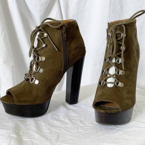 Qupid Enclose Suede Peep Toe Chunky Heel Platform Zip Lace Up Bootie Size 7 - Picture 12 of 14